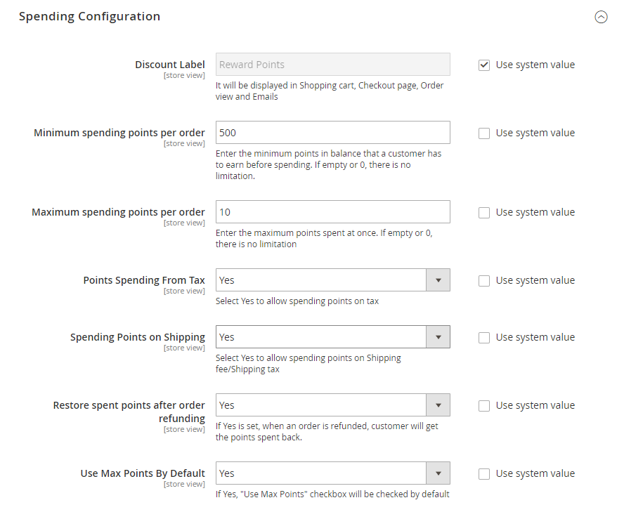 Backend configuration Point Spending Restriction