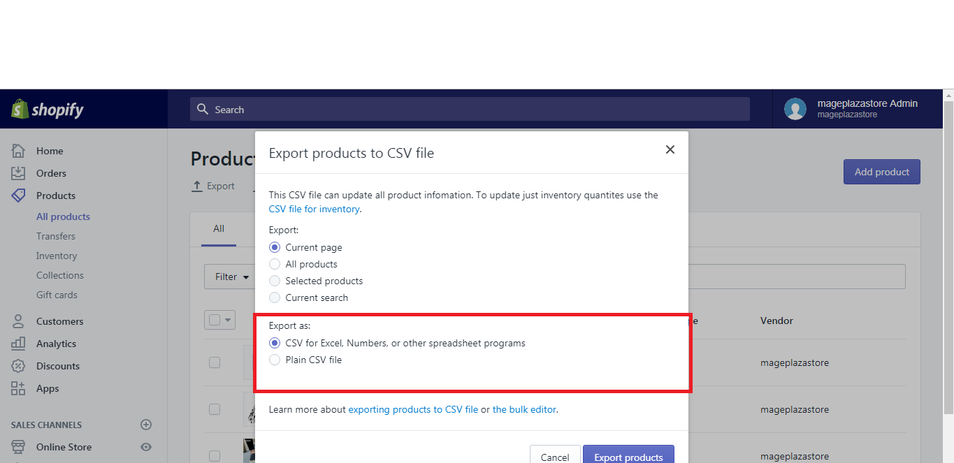 export your products on shopify