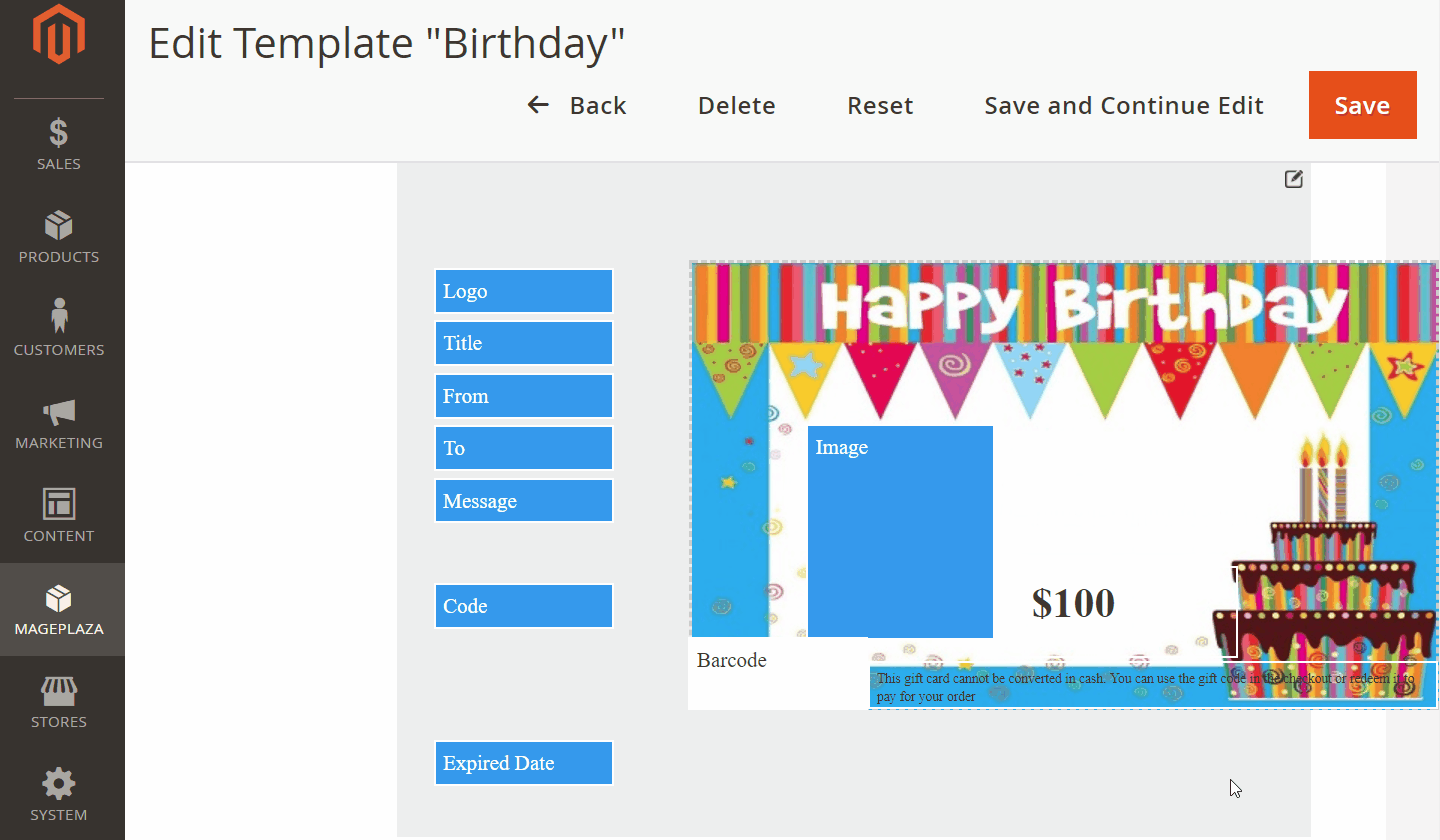 Gift message display on templates
