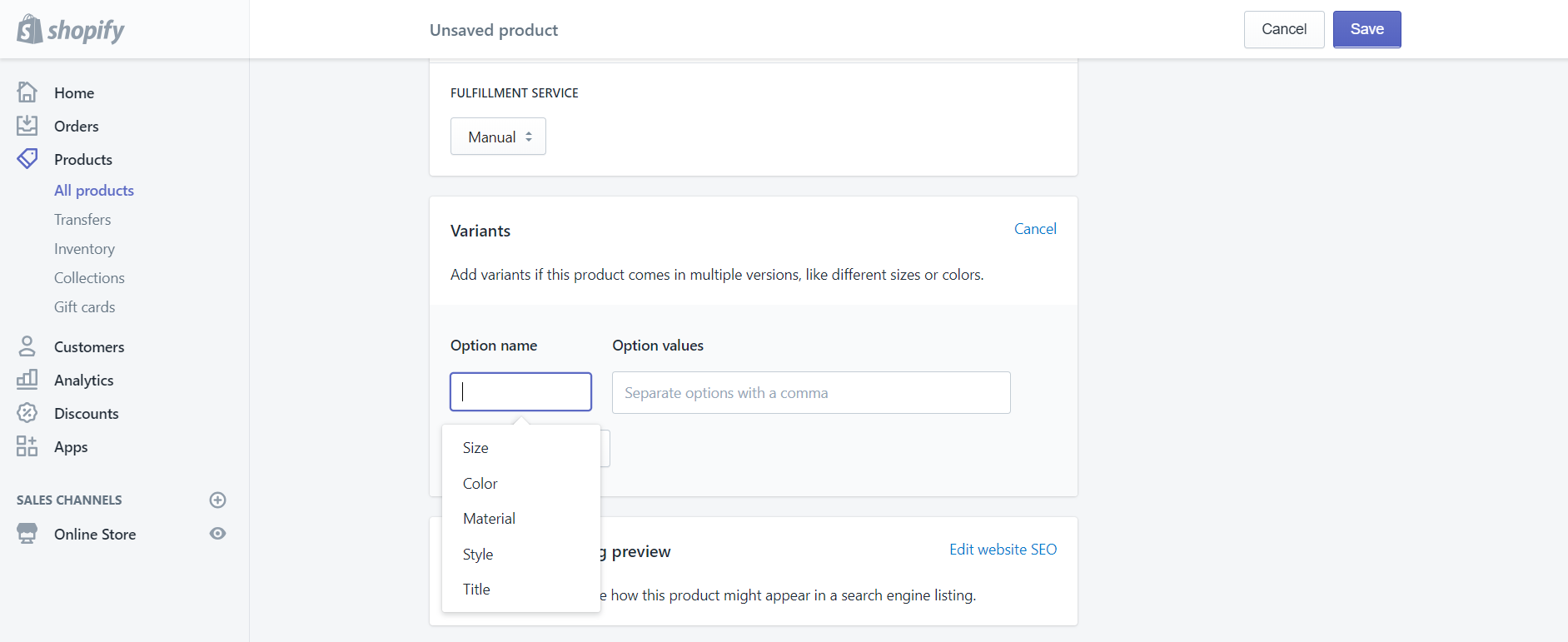 option names - Shopify Product variants