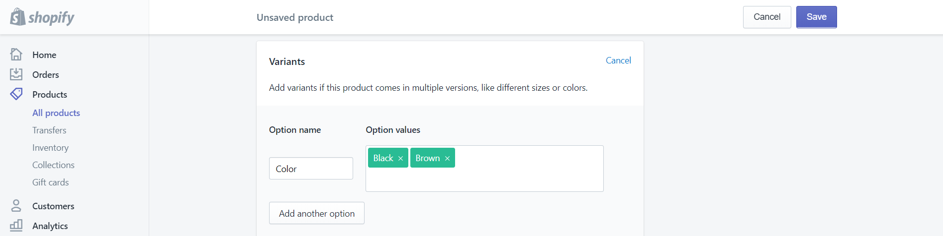 option values - Shopify Product variants