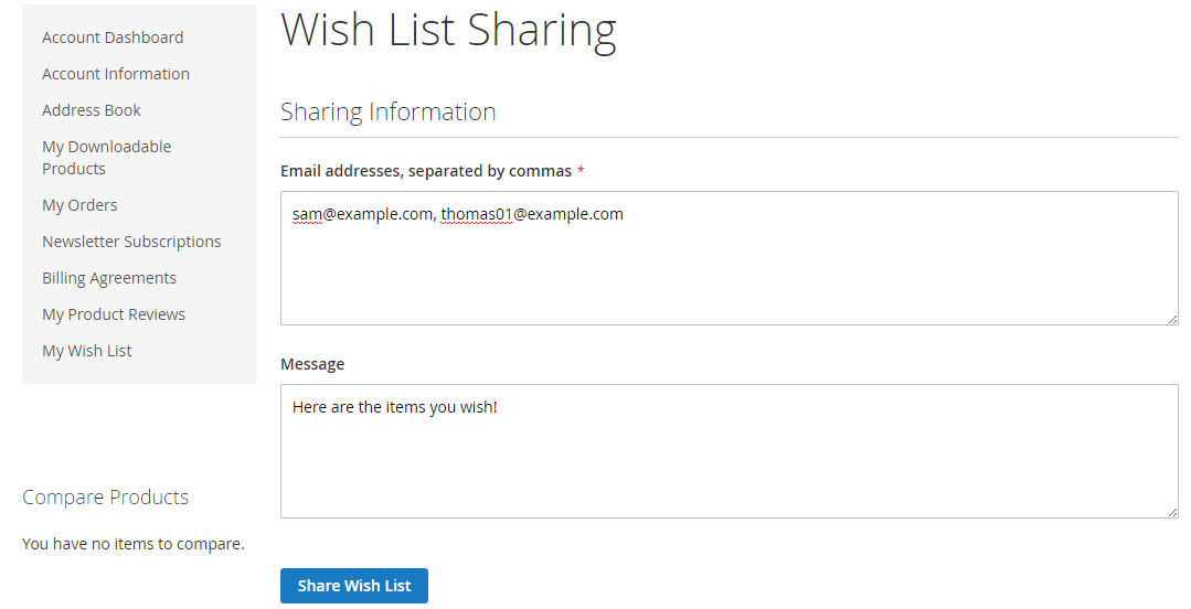 How to Configure the Wish List Wish List Sharing