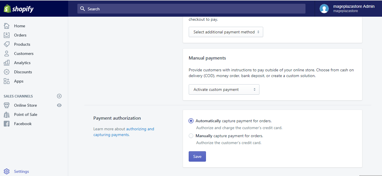 How to set up automatic capture of credit card payments on Shopify