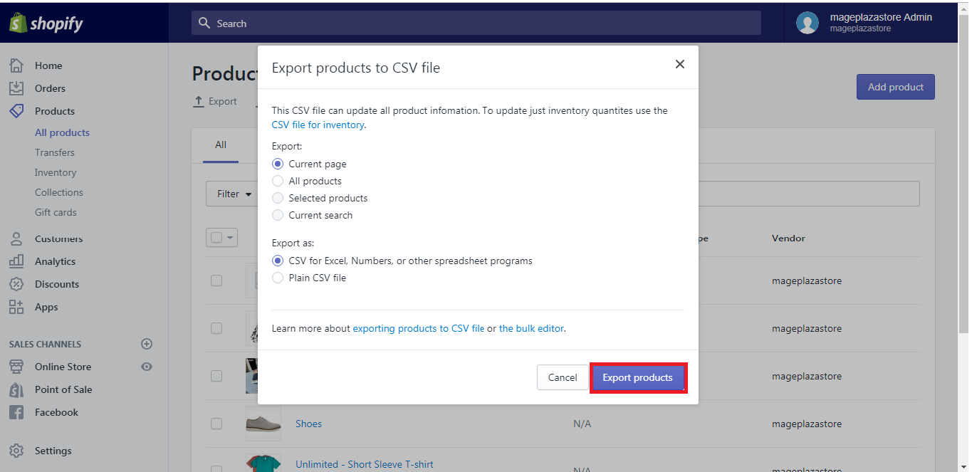 export your products on shopify