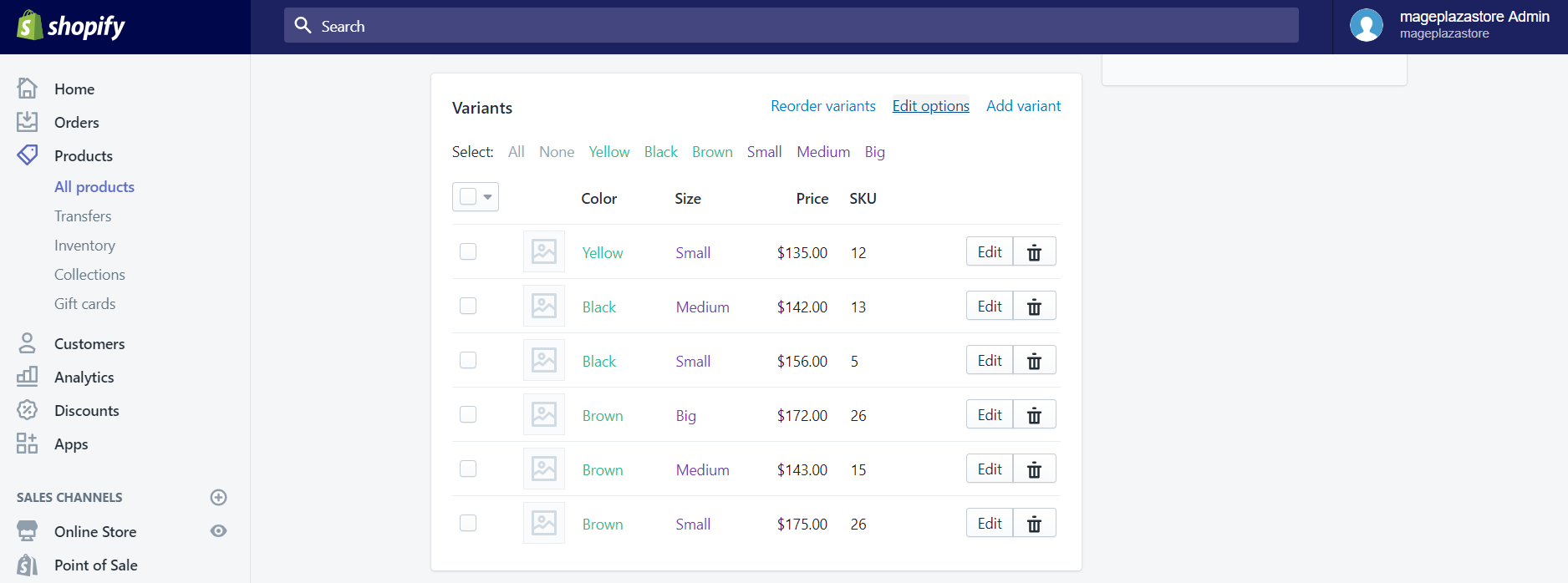 how edit product options shopify