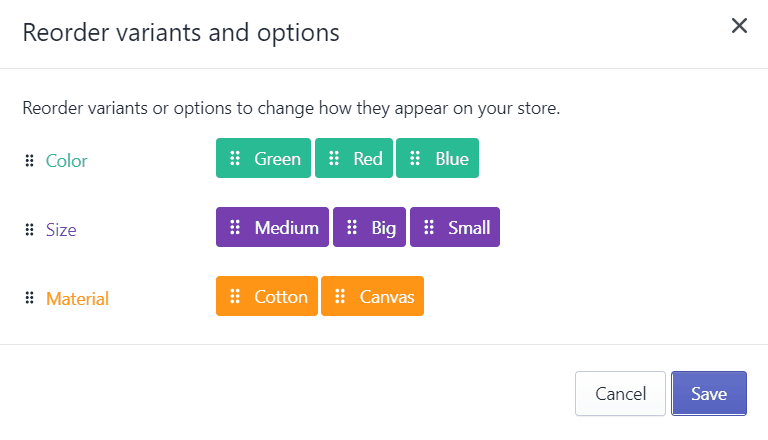 change display orders of options on shopify