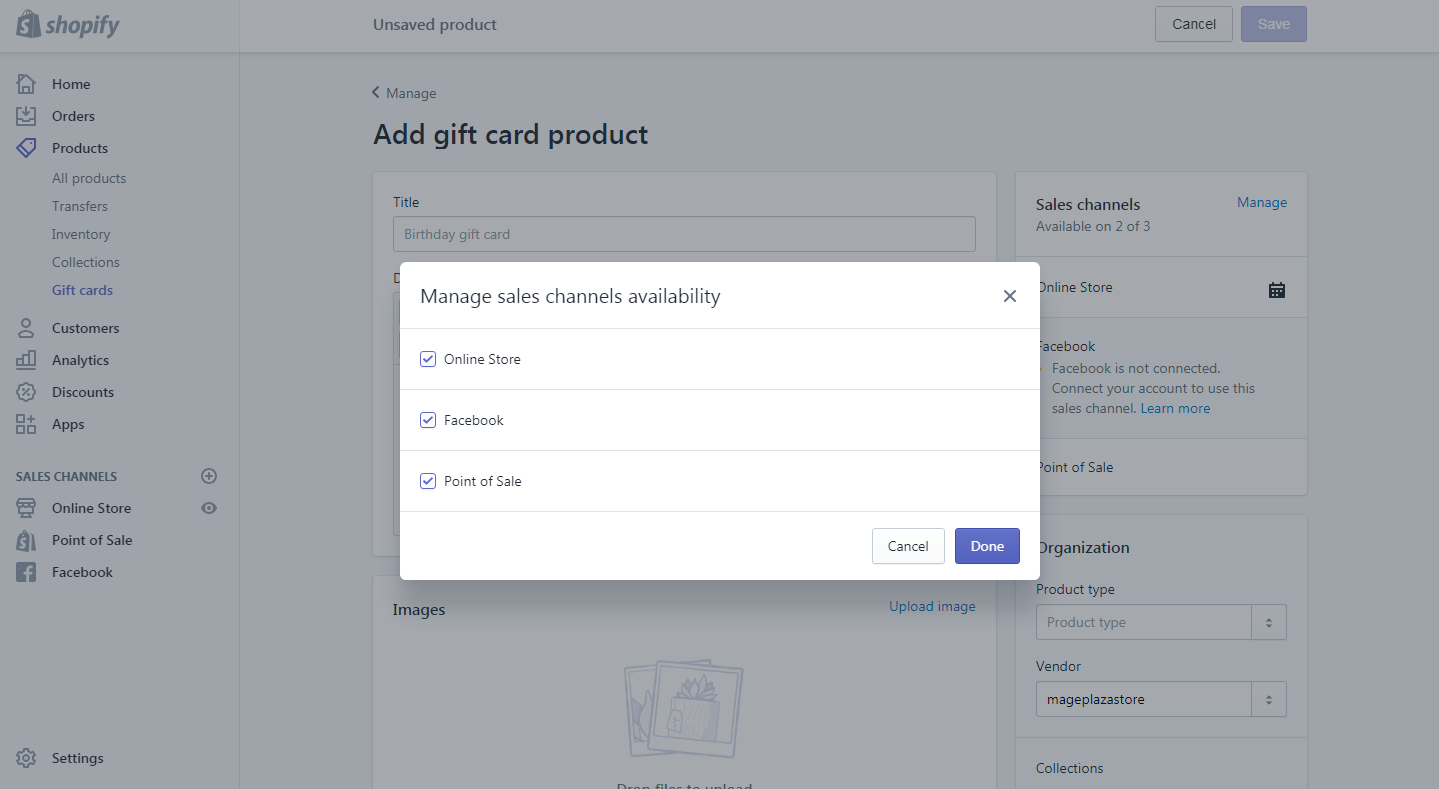 how to add or update a gift card products