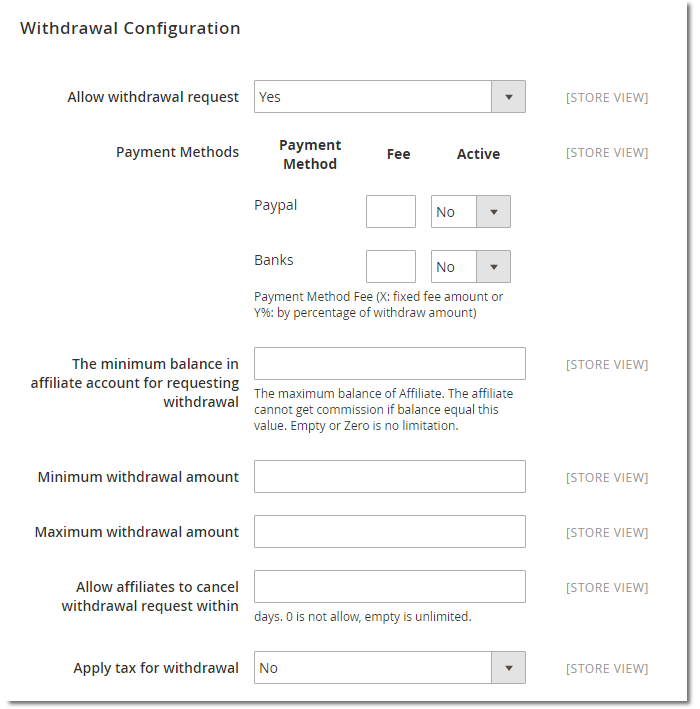 Affiliate Withdrawal Configuration