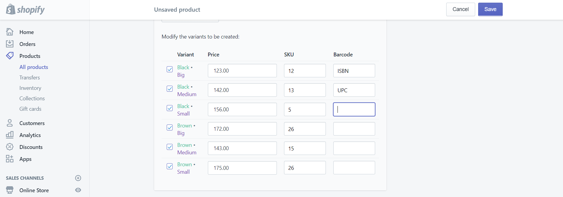 Shopify Product variants