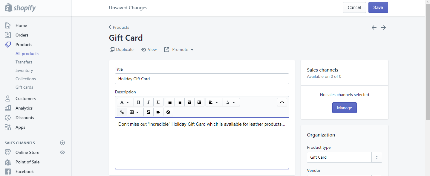 how to add or update a gift card products