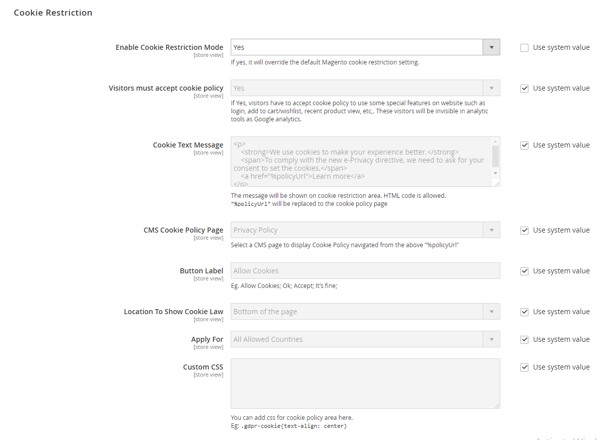 Magento 2 configure Cookie Notice