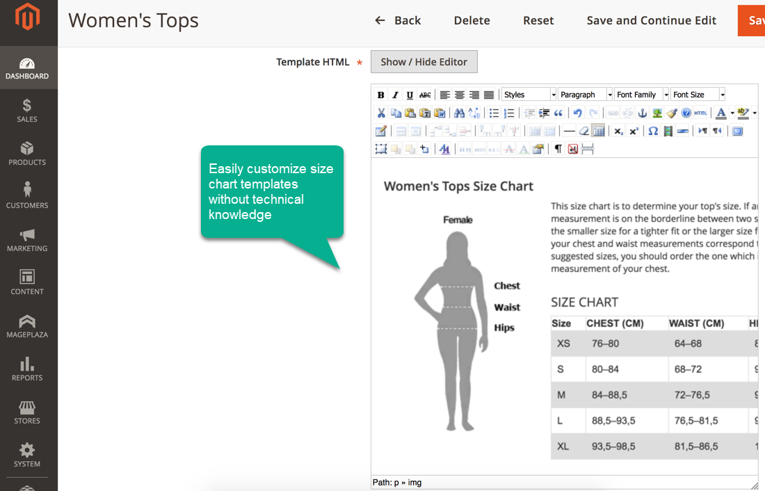 customizable size chart